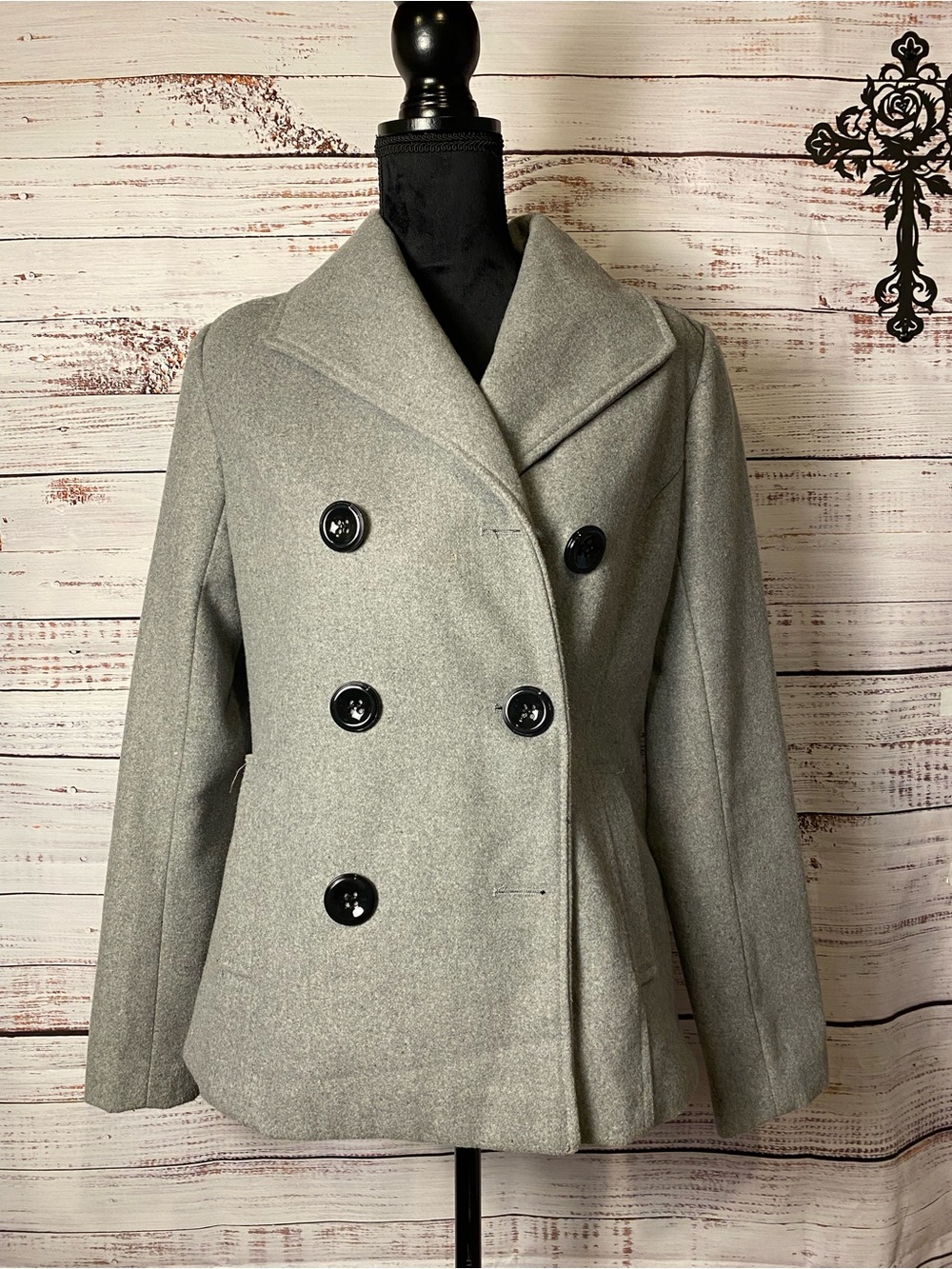 Rampage Gray Double-Breasted Peacoat Sz-M Great for the Office